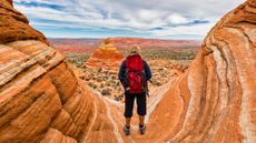 A woman wearing a red backpack stands on a colorful and swirly rock in Vermillion Cliffs National Monument in Arizona