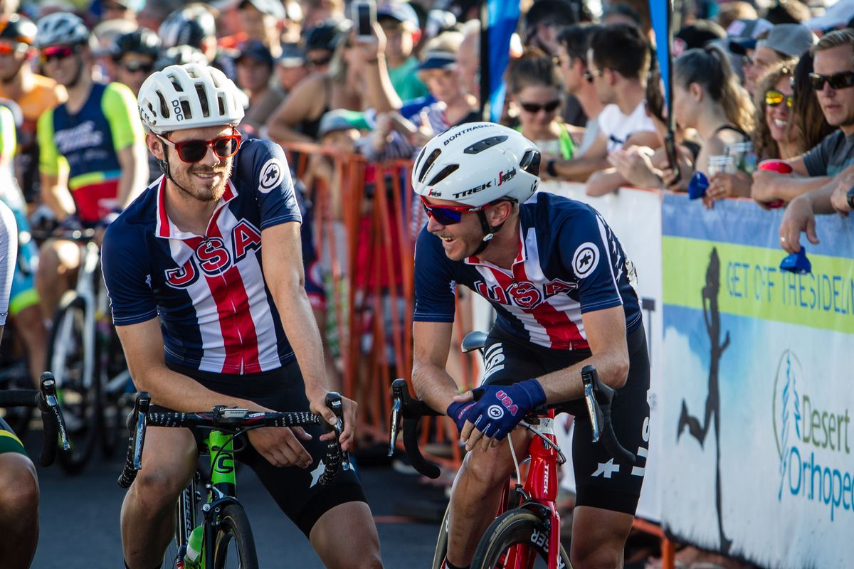 Alex Howes (USA) and teammate Peter Stetina have a laugh on the start line for stage 4 of the Cascade Cycling Classic.