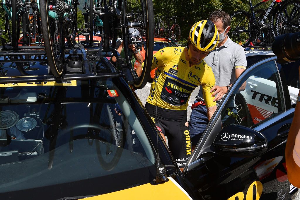 MEGEVE FRANCE AUGUST 15 Primoz Roglic of Slovenia and Team Jumbo Visma Yellow Leader Jersey Doctor Medical Crash Injury during the 72nd Criterium du Dauphine 2020 Stage 4 a 1533km stage from Ugine to Megeve 1458m dauphine Dauphin on August 15 2020 in Megeve France Photo by Justin SetterfieldGetty Images