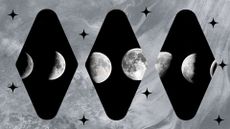 october eclipse 2022 astrology feature; moon phases on a shiny grey background with black stars