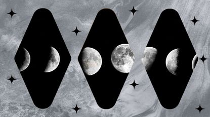 october eclipse 2022 astrology feature; moon phases on a shiny grey background with black stars