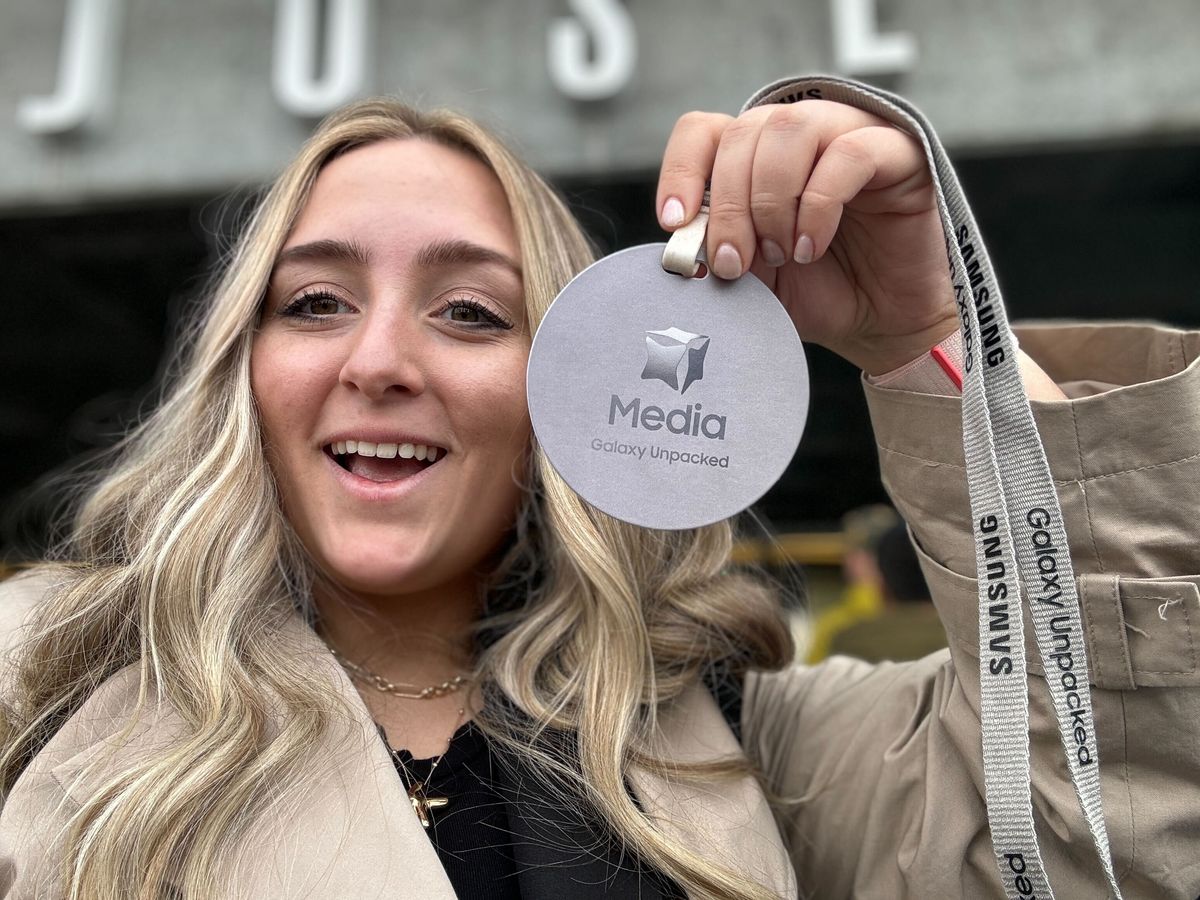 Kate Kozuch showing off medal badge for Samsung Galaxy Unpacked 2024 event.