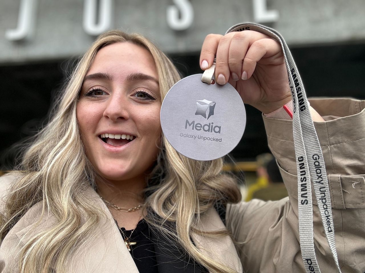 Kate Kozuch showing off medal badge for Samsung Galaxy Unpacked 2024 event.