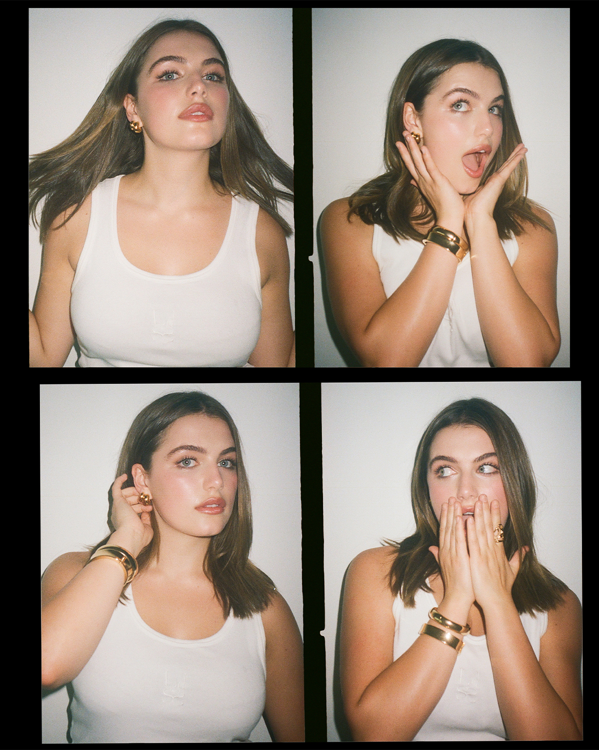 Ella Bright photographed by Zackery Michael for Who What Wear. The grid of images features Bright making different faces wearing a white tank top and gold bracelets.