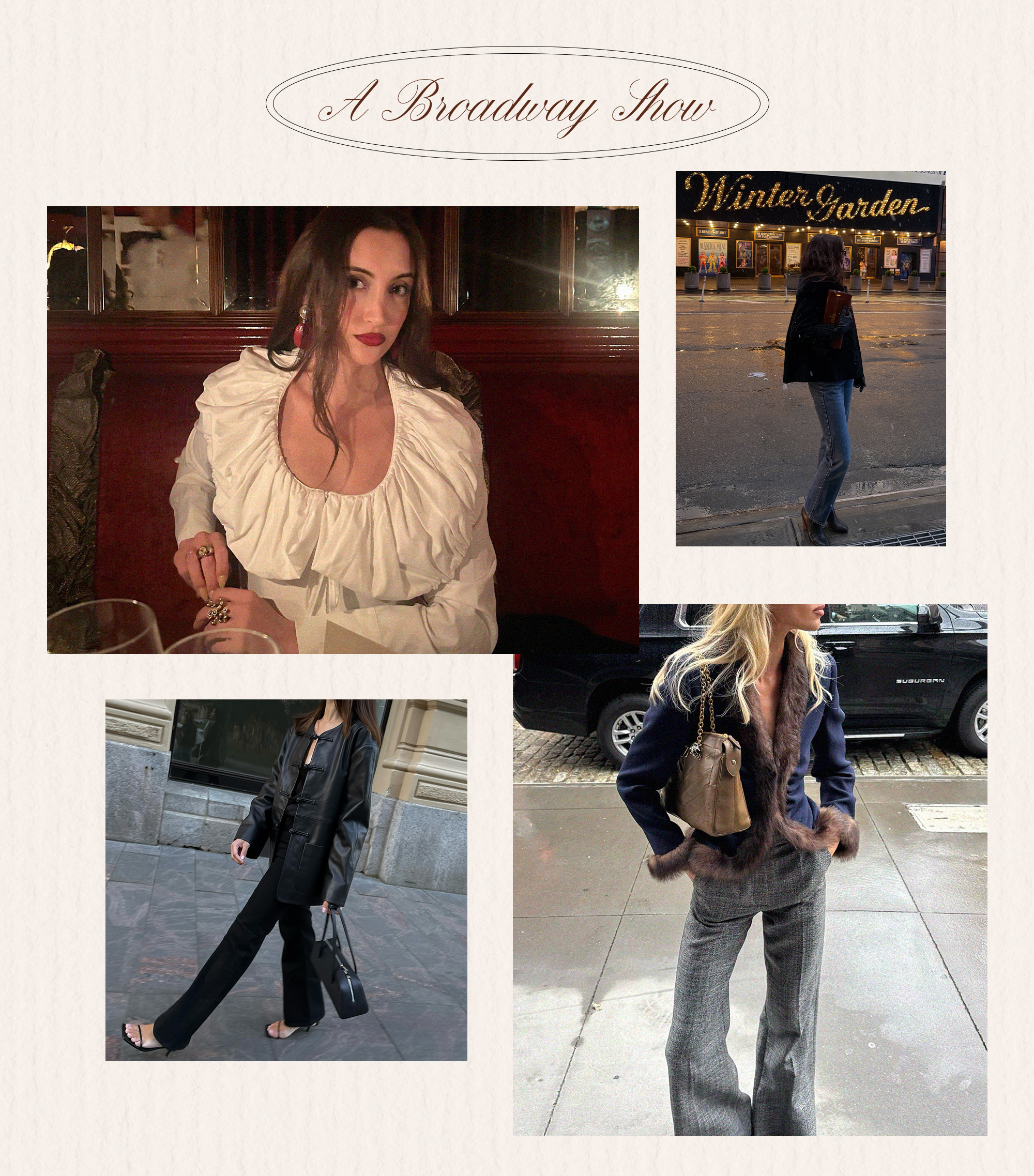 one woman wears a white blouse; one woman wears jeans with a black jacket; one woman wears a black leather jacket with black pants and open-toe heels; elsa hosk wears a fur-trim jacket with gray trousers.