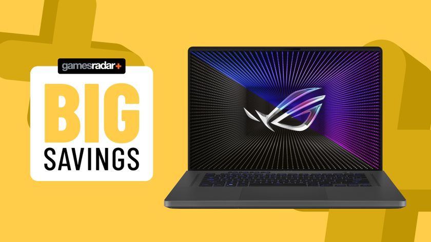 Asus ROG Zephyrus G16 gaming laptop on a yellow background with big savings badge