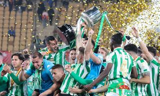 Real Betis celebrate Copa del Rey win over Valencia on penalties.