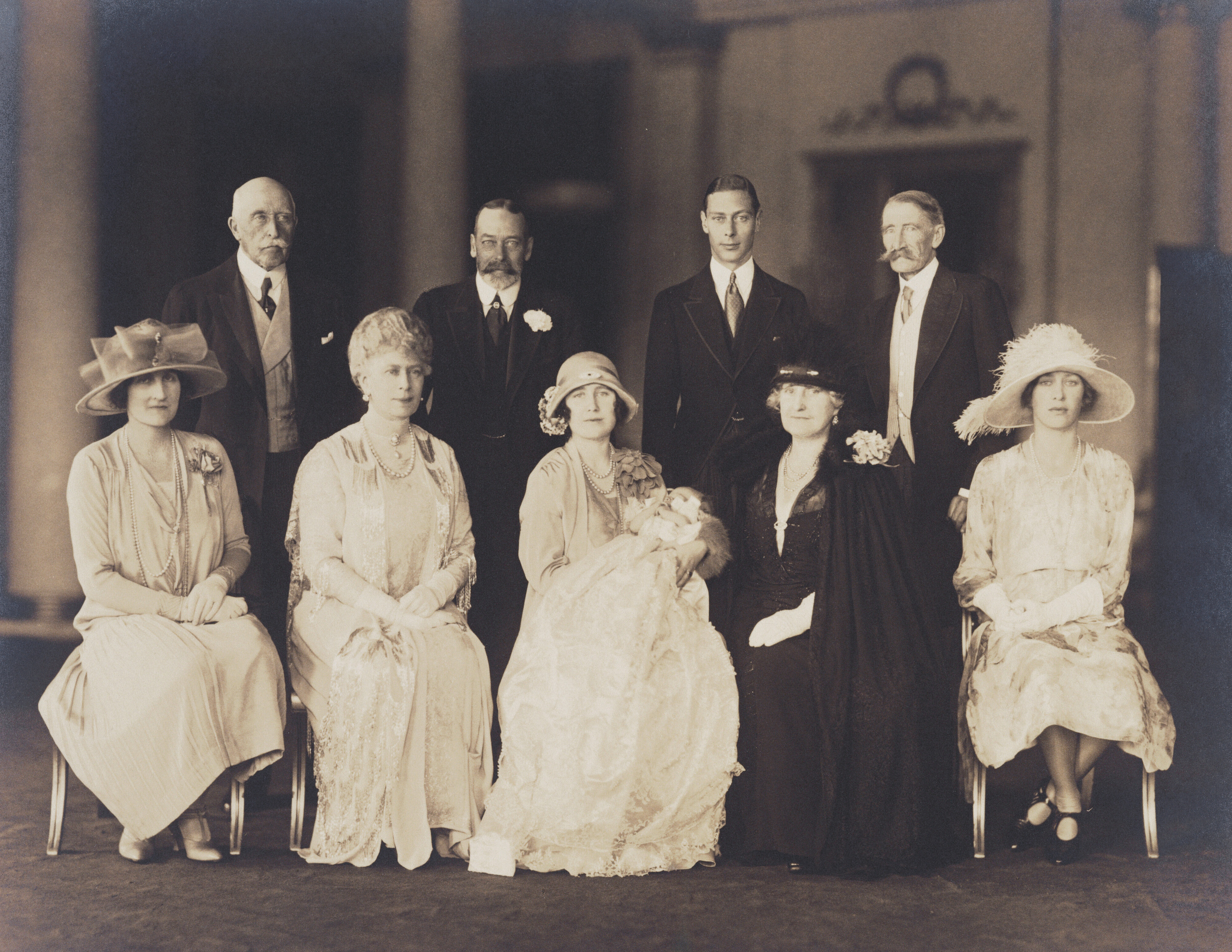Queen Elizabeth surrounded by her parents, grandparents and godparents at her christening in 1926