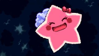 Densetsu no Starfy screenshot showing a cartoonish pink starfish smiling with blush-red cheeks and a small bow atop her head