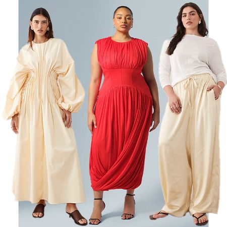 Women wears pleated dress in cream. The next woman wears a drapey red formal dress. The next woman wears satin pants in off-white or cream. 