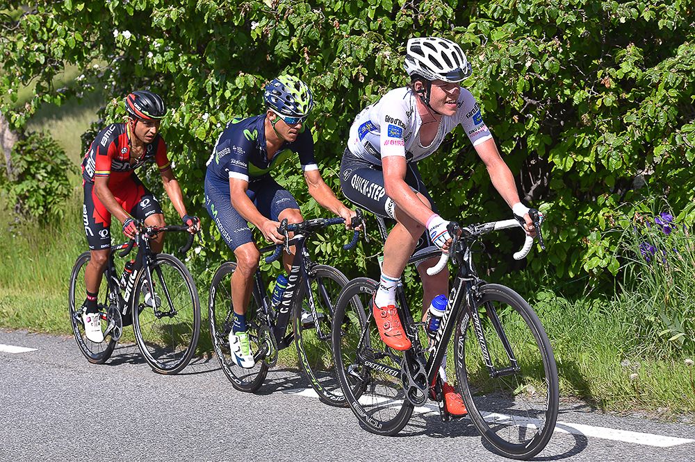 Bob Jungels, Andrey Amador and Darwin Atapuma climb during stage 19.