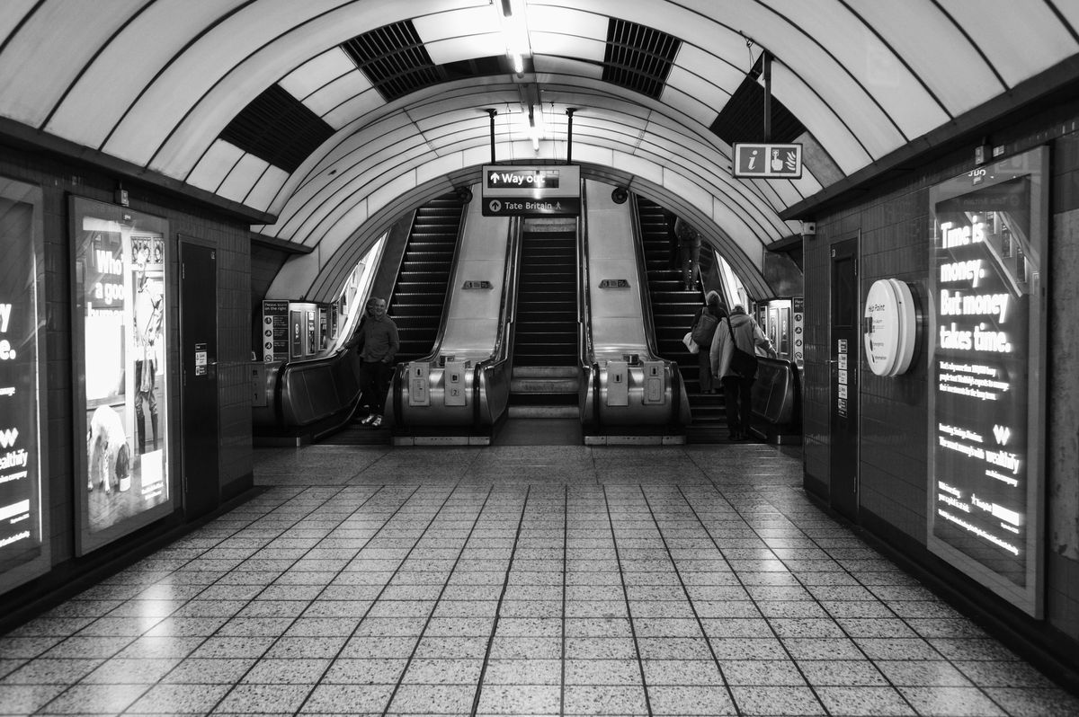 Escalators leading to ground level on the London Underground