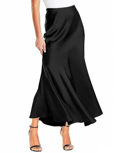 Tzldn Women's Satin Skirt Midi Skirt Elegant Dress High Waisted A-Line Silk Long Skirts Party Club Festival Office Business Fashion Outfit Black,x-Large