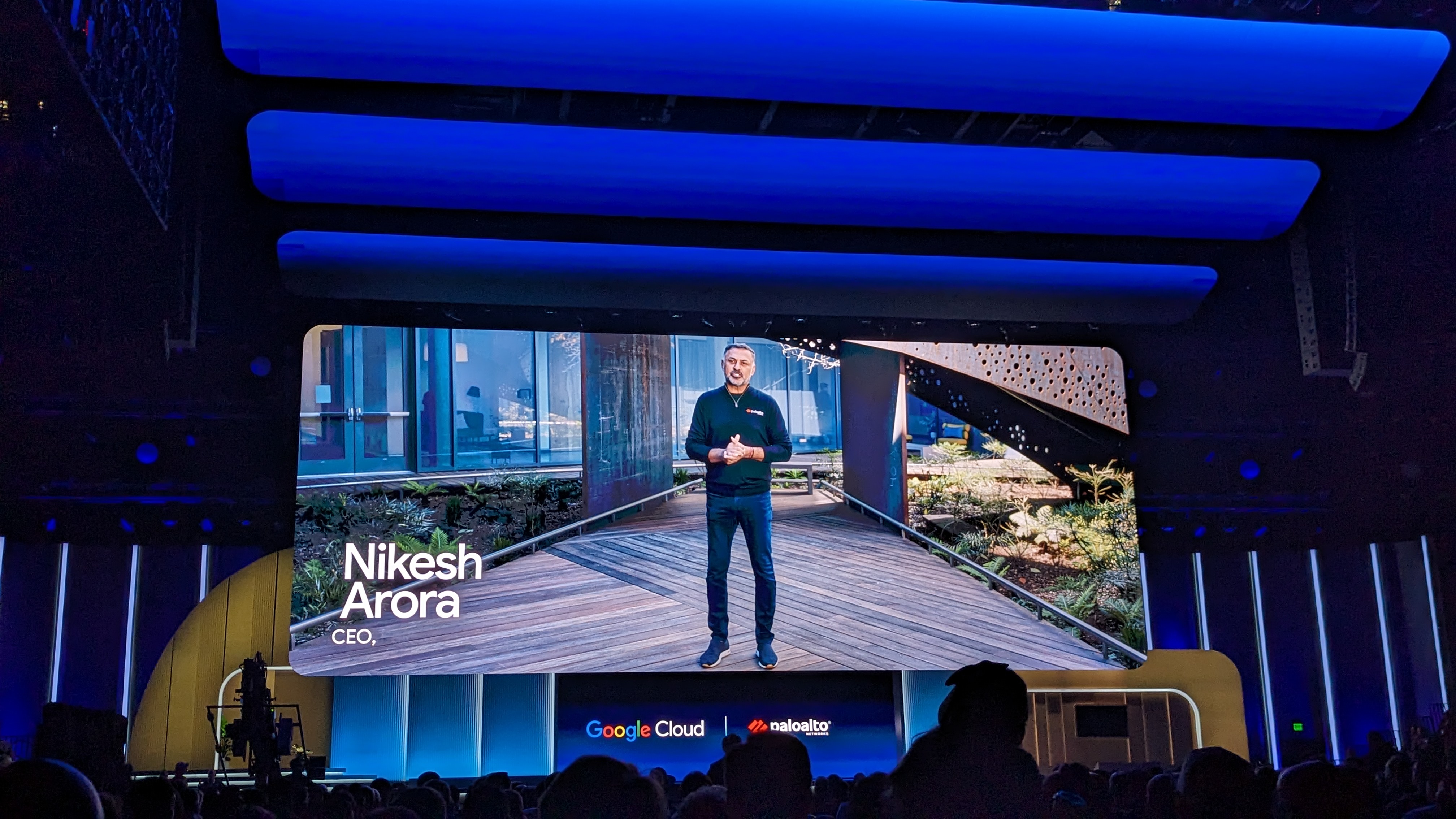 Palo Alto Networks CEO Nikesh Arora on the keynote screen at Google Cloud Next 2024.