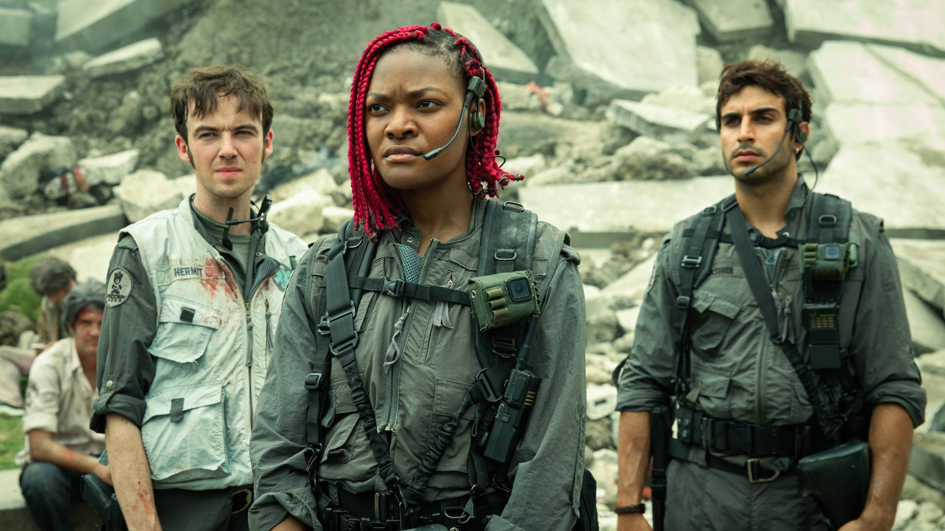 Alex Lawther as Hermit, Di&amp;ecirc;m Camille as Siberian and Moe Bar-El as Rashidi in Alien: Earth