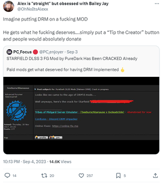 A post reading: "Imagine putting DRM on a fucking MOD He gets what he fucking deserves….simply put a “Tip the Creator” button and people would absolutely donate"