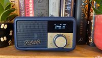 A blue Roberts Revival Petite 2 internet radio on a bookshelf. Two plants are just visible on either side.