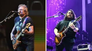 Left-Bassist Michael Anthony of Sammy Hagar and The Circle performs at The Pearl Concert Theater at Palms Casino Resort on July 15, 2023 in Las Vegas, Nevada; Right-Wolfgang Van Halen of Mammoth WVH performs on stage at The O2 Arena on December 12, 2022 in London, England
