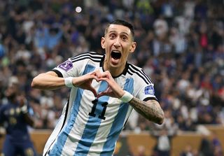 Angel Di Maria celebrates after scoring for Argentina in the 2022 World Cup final against France in Qatar.