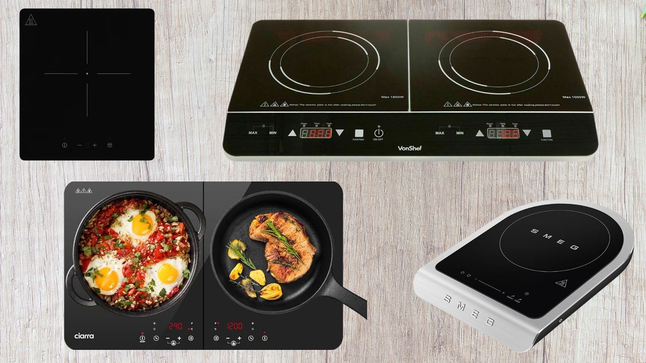 The portable induction hobs from VonShef, IKEA, Ciarra, and Smeg on a wooden background