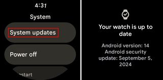 System update option and your watch is up to date display on Pixel watch.