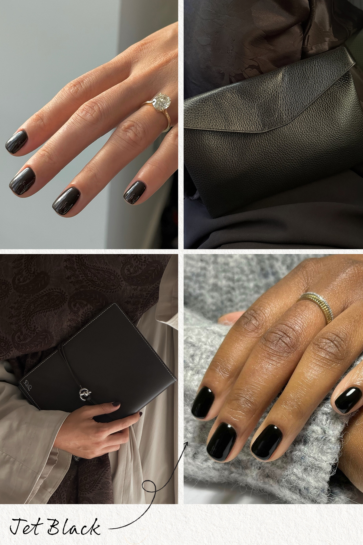 A collage of jet black nail looks and matching accessories