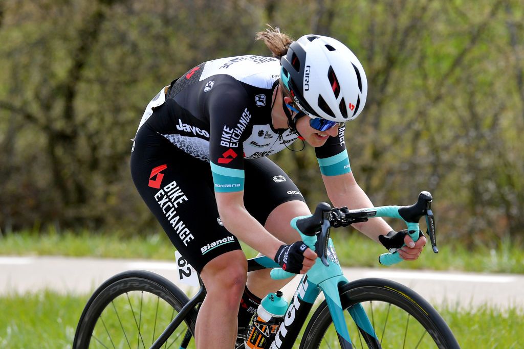BERG NETHERLANDS APRIL 18 Grace Brown of Australia and Team BikeExchange during the 7th Amstel Gold Race 2021 Womens Elite a 1163km race from Valkenburg to Berg en Terblijt Breakaway Attack Amstelgoldrace amstelgoldrace UCIWWT on April 18 2021 in Berg Netherlands Photo by Luc ClaessenGetty Images