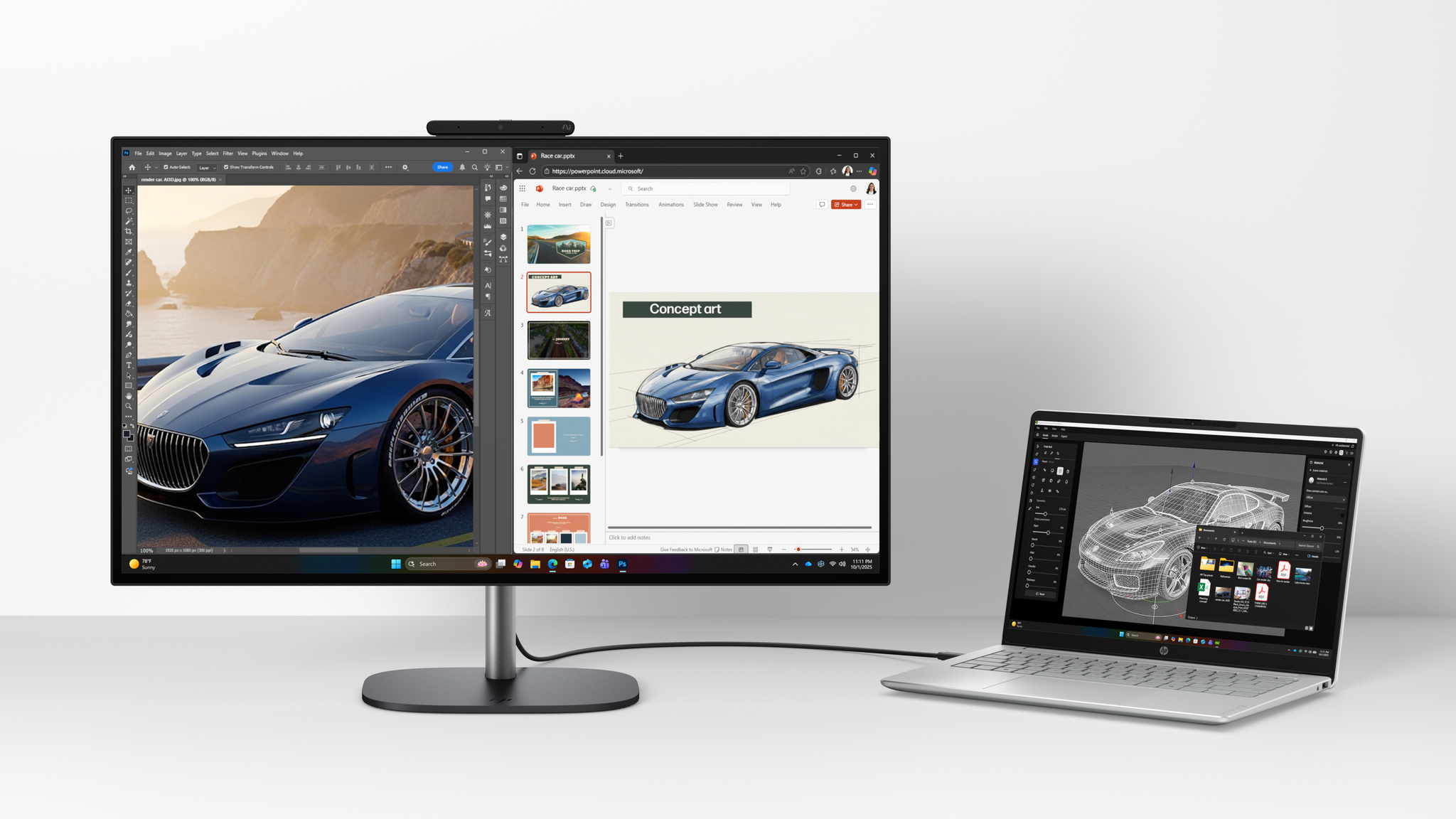 HP OmniStudio X 27-inch All-in-One Desktop connected to a laptop via Thunderbolt cable.