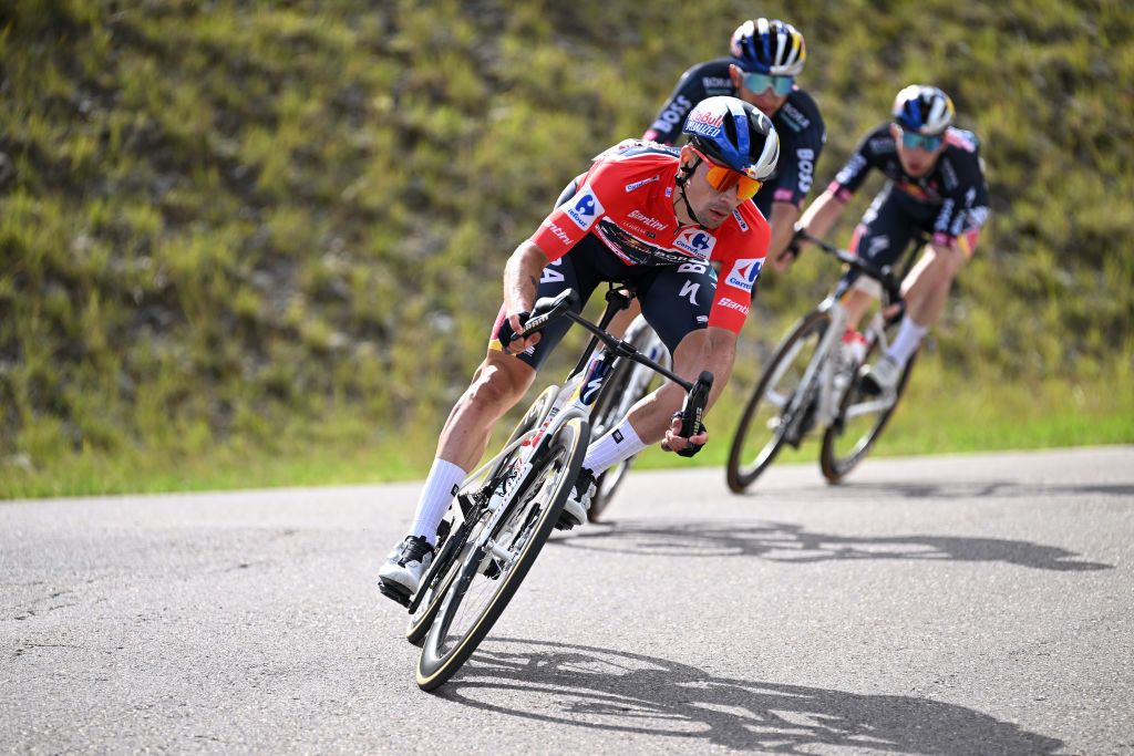 PICON BLANCO BURGOS SPAIN SEPTEMBER 07 Primoz Roglic of Slovenia and Team Red Bull Bora hansgrohe Red Leader Jersey competes during the La Vuelta 79th Tour of Spain 2024 Stage 20 a 172km stage from Villarcayo to Picon Blanco 1491m UCIWT on September 07 2024 in Picon Blanco Burgos Spain Photo by Tim de WaeleGetty Images