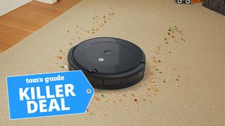 A photo of the Roomba 694 on a carpet with the "Tom's Guide killer deal tag" overlaid