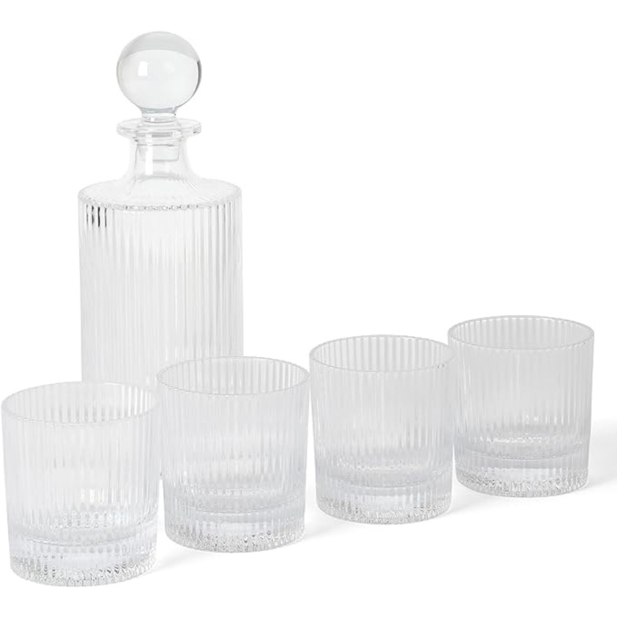 Martha Stewart Bayville Decanter Plus 4 Whiskey 10 OZ DOF Embossed Glassware Set