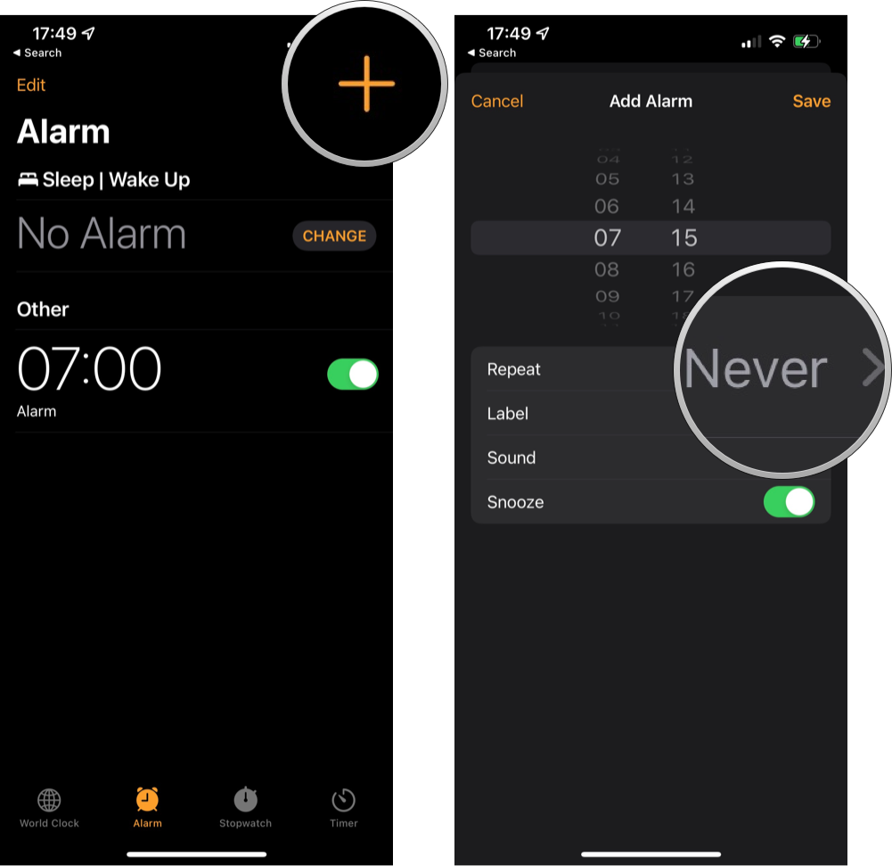 How to set a repeating alarm on iPhone or iPad: Launch the Clock app and tap on the alarm tab. Tap the Add button on the top right corner of your screen. Tap the Repeat item below the time
