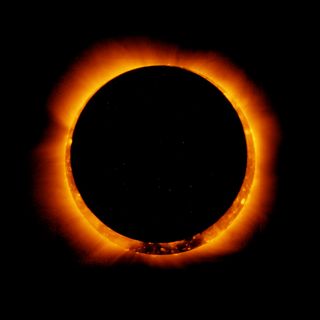 In this picture of a solar eclipse, the moon is beginning to move from its position in front of the sun.