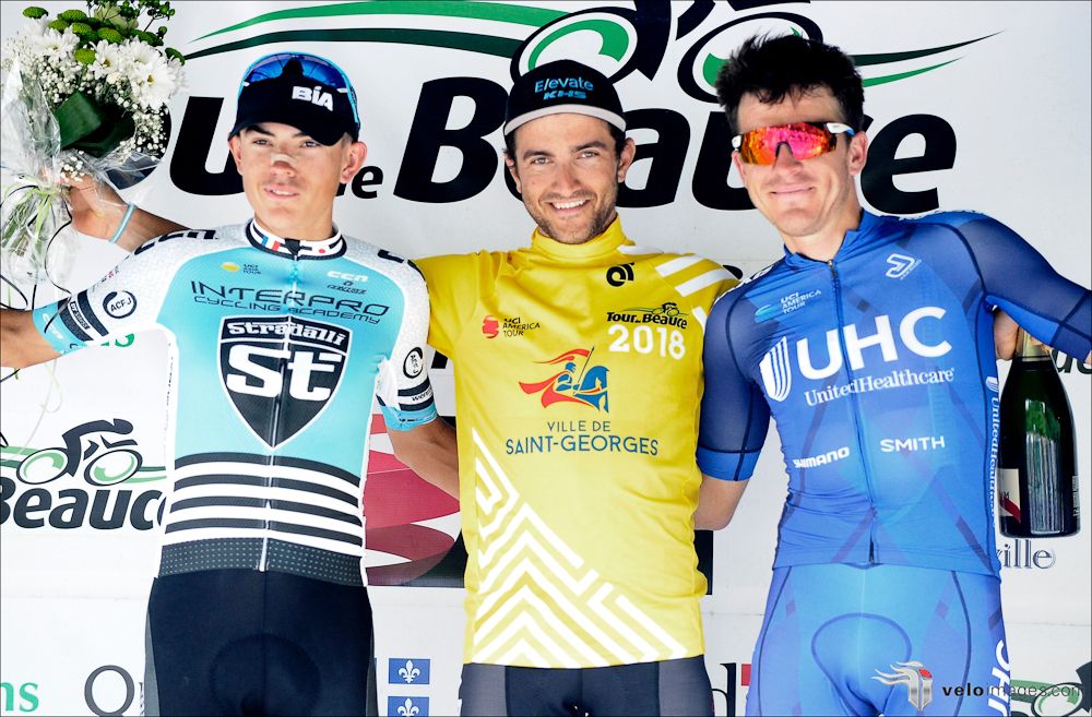 Daniel Whitehouse (Interpro Stradalli Cycling), Pier-Andr&eacute; C&ocirc;t&eacute; (Silber Pro Cycling) and Serghei Tvetcov (UnitedHealthcare) on the final GC podium at Tour de Beauce