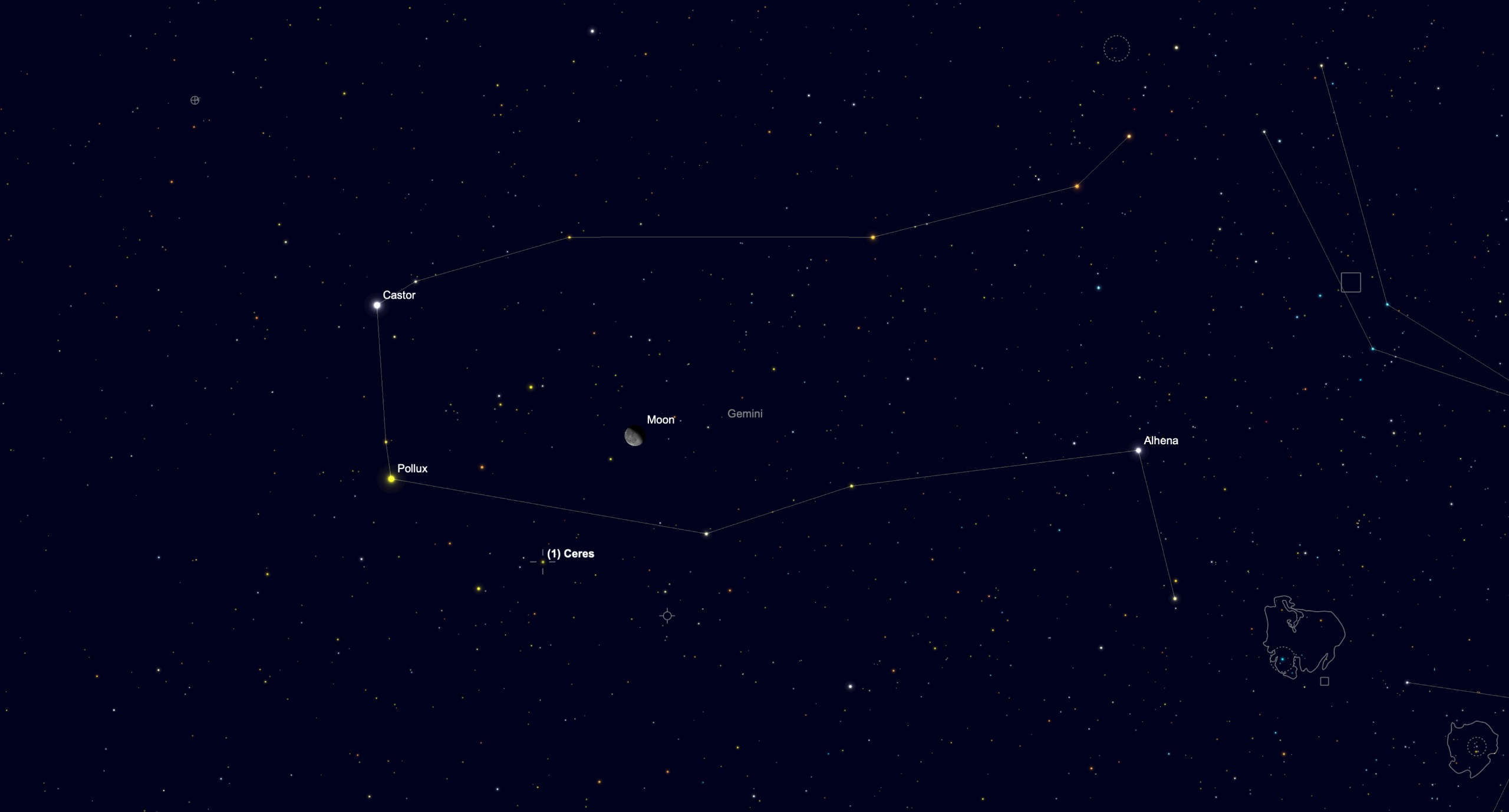 Star chart showing the waning moon in Gemini near Castor and Pollux on Oct. 31, with dwarf planet Ceres marked below the moon.