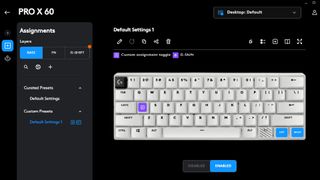 The G Hub interface for the Logitech Pro X60, showing key customisation options