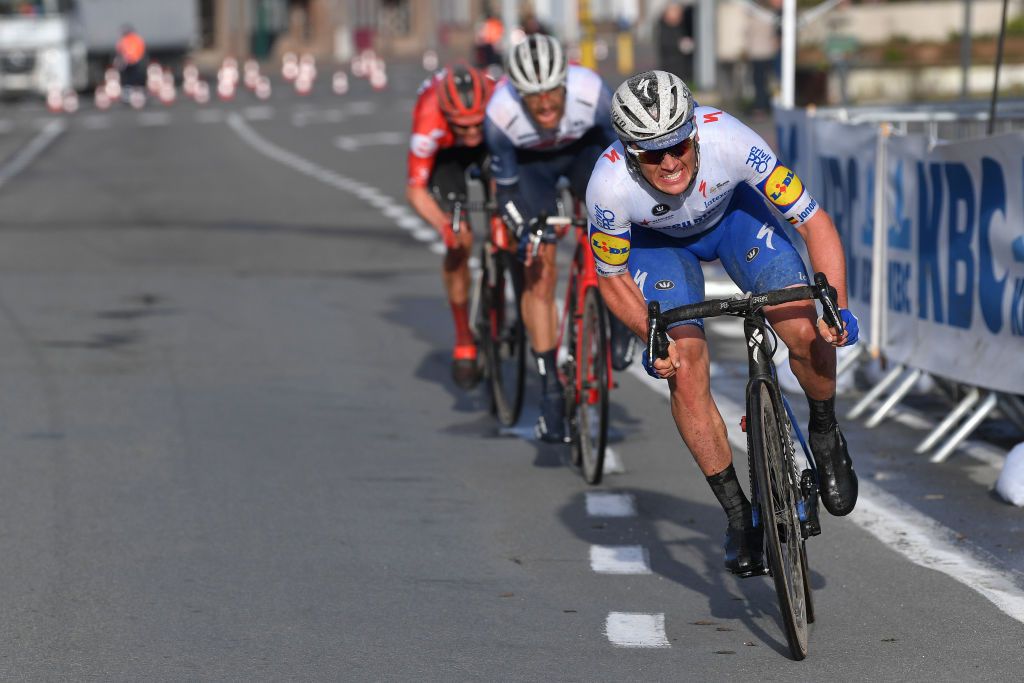 NINOVE BELGIUM FEBRUARY 29 Yves Lampaert of Belgium and Team Deceuninck QuickStep Jasper Stuyven of Belgium and Team Trek Segafredo Soren Kragh Andersen of Denmark and Team Sunweb Breakaway during the 75th Omloop Het Nieuwsblad 2020 Men Race a 200km race from Ghent to Ninove OmloopHNB OHN20 on February 29 2020 in Ninove Belgium Photo by Tim de WaeleGetty Images