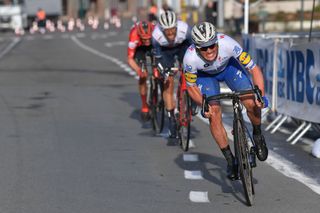 NINOVE BELGIUM FEBRUARY 29 Yves Lampaert of Belgium and Team Deceuninck QuickStep Jasper Stuyven of Belgium and Team Trek Segafredo Soren Kragh Andersen of Denmark and Team Sunweb Breakaway during the 75th Omloop Het Nieuwsblad 2020 Men Race a 200km race from Ghent to Ninove OmloopHNB OHN20 on February 29 2020 in Ninove Belgium Photo by Tim de WaeleGetty Images