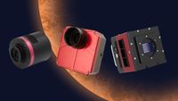 Three astrocams on an orange planet background.