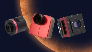 Three astrocams on an orange planet background.