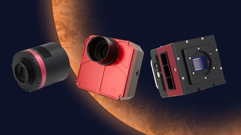 Three astrocams on an orange planet background.