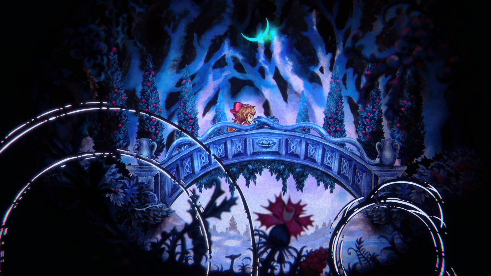 An image shows Elise from Little Goody Two Shoes walking over a bridge at night