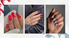 On the left is a close-up of a hand with bright red, glossy nails, created by nail artist Julia Diogo (@paintedbyjools), followed by a hand with a burgundy manicure and a hand with a pastel, cool blue manicure, both by Mateja Novakovic (@matejanova)/ in a white and grey template with a red and blue nail polish spill.