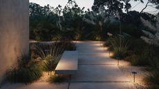 a modern garden with mushroom style lighting illuminating a path