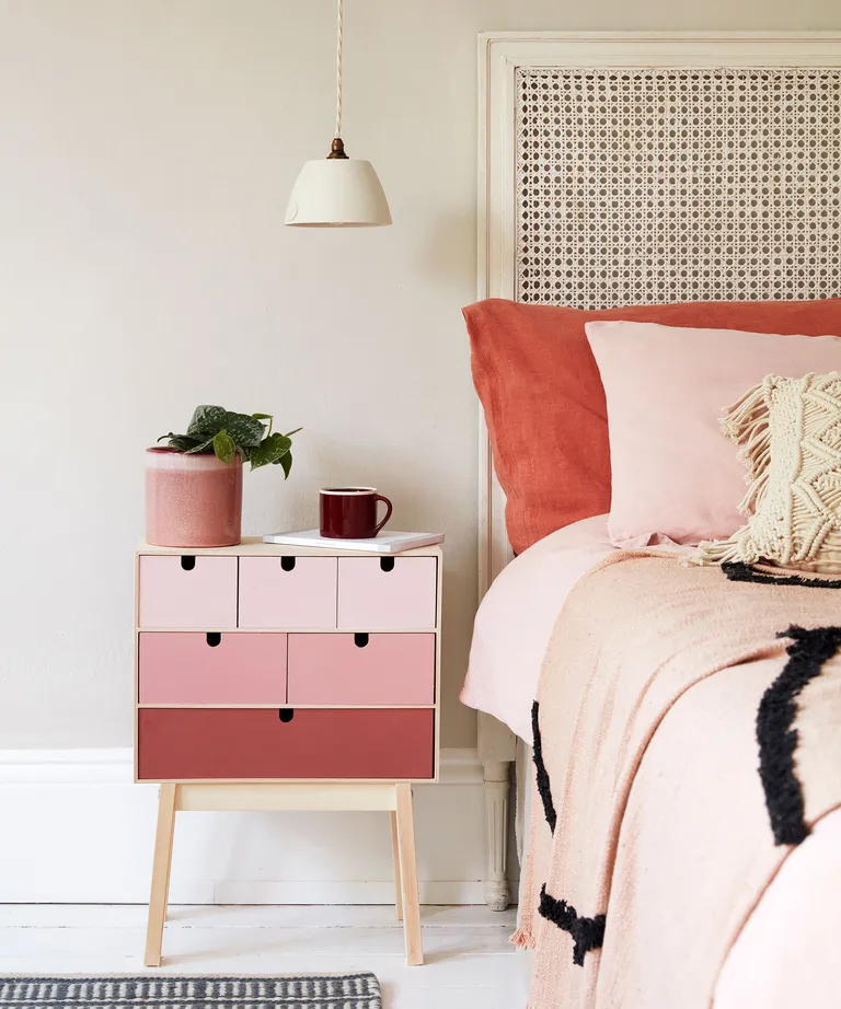 nightstand made out of a stool and a box of drawers painted different shades of pink, ikea hacks for kids rooms