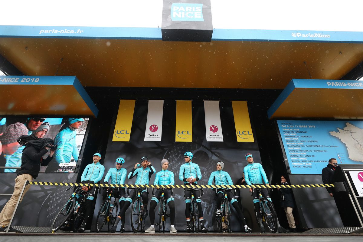 Jakob Fuglsang and his Astana teammates prior to stage 1