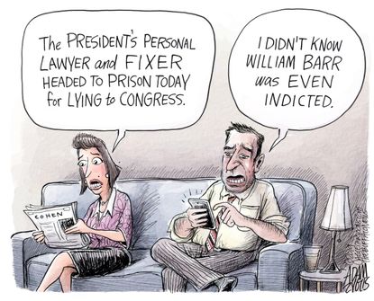 Political Cartoon U.S. Trump Barr Cohen goes to prison