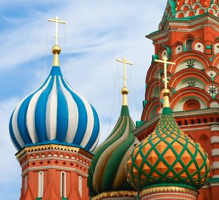 The onion-shaped domes of St. Basil's Cathedral in Moscow are emblematic of Russian architecture.