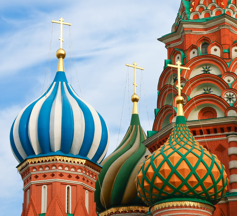 The onion-shaped domes of St. Basil&#39;s Cathedral in Moscow are emblematic of Russian architecture.