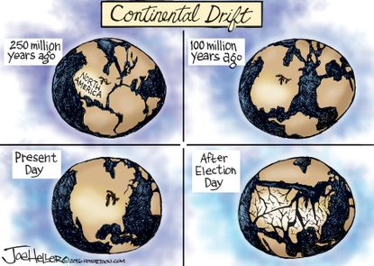 Political cartoon U.S. 2016 election globe
